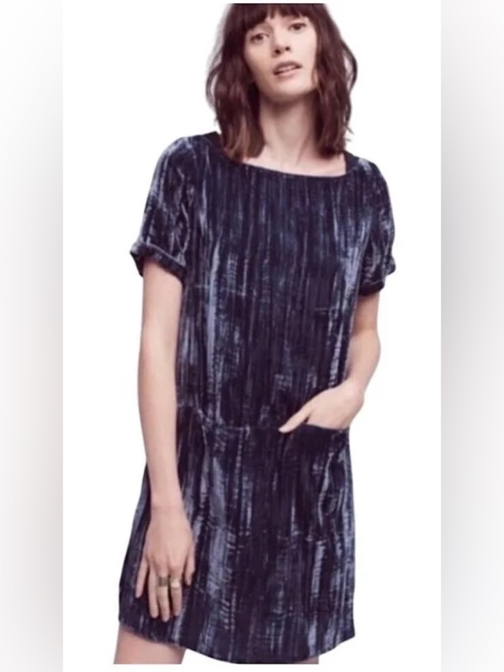 Anthropologie Floreat Velvet Short Sleeve Shift Dress in Dark Blue
